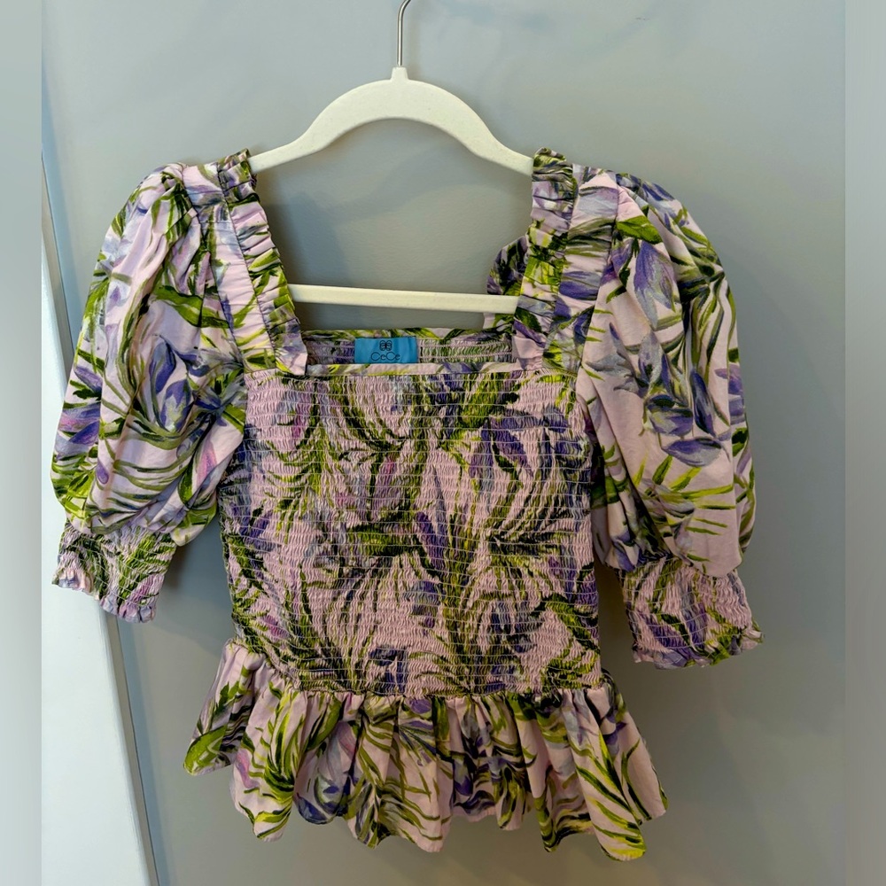 CECE smocked puff sleeve square neck floral blouse size small